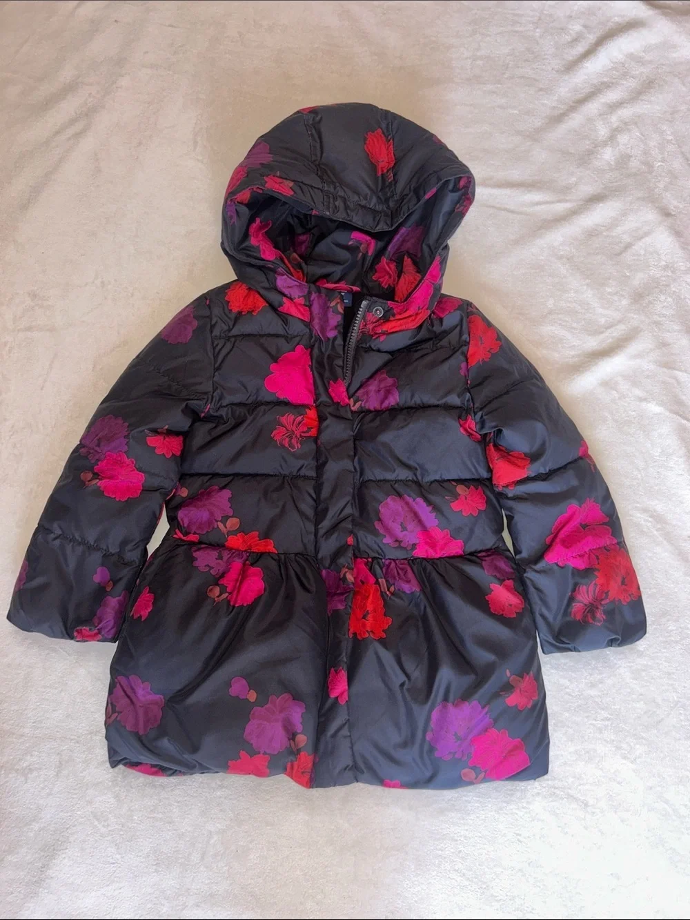 GAP Black Hooded Puffer Jacket with Pink & Purple Floral Print